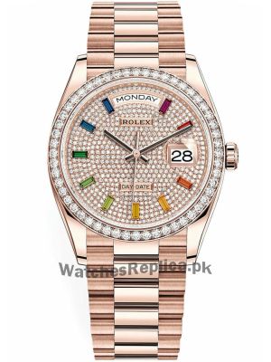 Rolex Day-Date Rainbow Pave Diamond Dial Rose Gold 128345RBR-0042 Watch Price in Pakistan