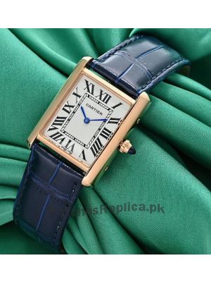 Cartier Tank Solo Rose Gold Blue Leather Straps Watch